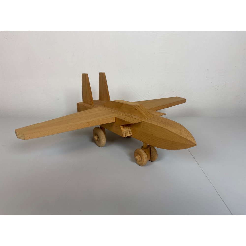 Vintage Handcrafted Wooden Fighter Jet Model Toy Rolling Wheels Natural Wood